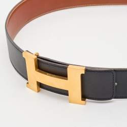 Pre Owned Hermes Black/Gold Box and Chamonix Leather Constance 2 Reversible Belt 80CM