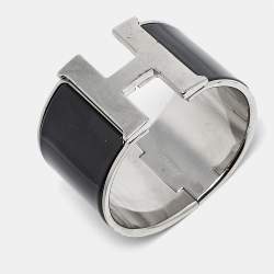 Hermes Clic Clac H Black Enamel Palladium Plated Extra Wide Bracelet