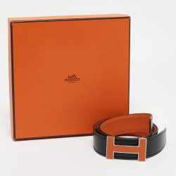 Hermès Noir/Orange Box and Togo Leather Qiuzz H Reversible Belt 80 CM