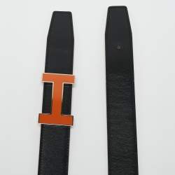 Hermès Noir/Orange Box and Togo Leather Qiuzz H Reversible Belt 80 CM