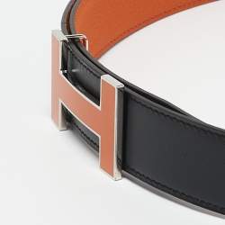 Hermès Noir/Orange Box and Togo Leather Qiuzz H Reversible Belt 80 CM