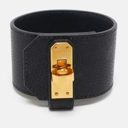 Pre Owned Hermès Kelly Twist Black Leather Gold Plated Large Model Bracelet