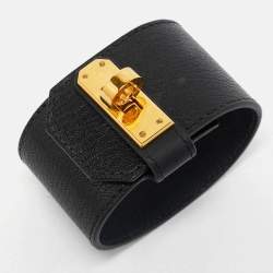 Pre Owned Hermès Kelly Twist Black Leather Gold Plated Large Model Bracelet