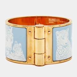 Hermès Tendresse Feline Tattoo Enamel Gold Plated Wide Hinged Bangle Bracelet