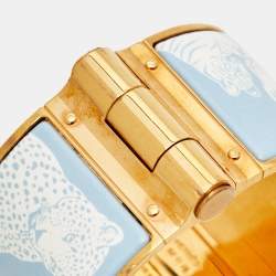 Hermès Tendresse Feline Tattoo Enamel Gold Plated Wide Hinged Bangle Bracelet