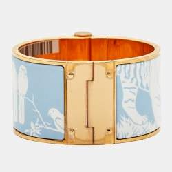 Hermès Tendresse Feline Tattoo Enamel Gold Plated Wide Hinged Bangle Bracelet