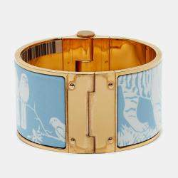 Pre Owned Hermès Tendresse Feline Tattoo Enamel Gold Plated Wide Hinged Bangle Bracelet