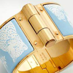 Pre Owned Hermès Tendresse Feline Tattoo Enamel Gold Plated Wide Hinged Bangle Bracelet