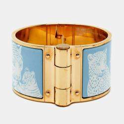 Pre Owned Hermès Tendresse Feline Tattoo Enamel Gold Plated Wide Hinged Bangle Bracelet