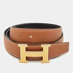 Hermès Noir/Gold Box and Togo Leather Guilloche H Buckle Reversible Belt 85 CM