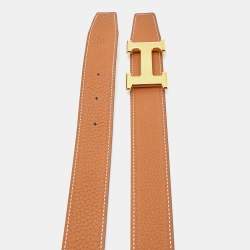 Hermès Noir/Gold Box and Togo Leather Guilloche H Buckle Reversible Belt 85 CM