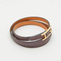Hermes  Hapi 3 Grand Wrap Leather Gold Plated  Triple Tour Wrap Bracelet 