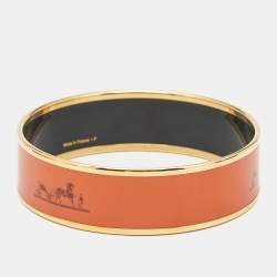 Pre Owned Hermes Caleche Orange Enamel Gold Plated Bracelet