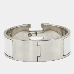 Pre Owned Hermes Clic Clac H White Enamel Palladium Plated Bracelet 