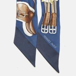 Pre Owned Hermes Marine Blue Printed Silk Jumping Twilly 