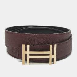 Pre Owned Hermes Noir/Bordeaux Box and Togo Leather H Au Carre Reversible Belt 90 CM