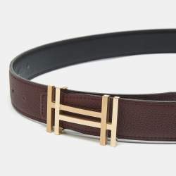 Pre Owned Hermes Noir/Bordeaux Box and Togo Leather H Au Carre Reversible Belt 90 CM