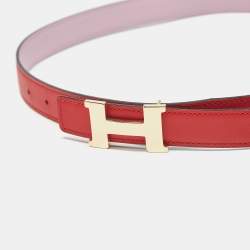 Pre Owned Hermes Rouge Coeur/Mauve Sylvestre Swift and Epsom Leather Constance Reversible Slim Belt 80 CM