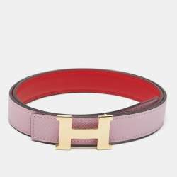 Pre Owned Hermes Rouge Coeur/Mauve Sylvestre Swift and Epsom Leather Constance Reversible Slim Belt 80 CM