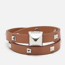 Pre Owned Hermès Medor Infini Brown Leather Silver Tone Wrap Bracelet