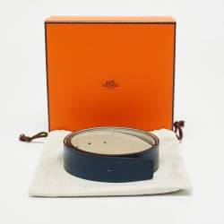 Pre Owned Hermes Bleu de Malte/Craie Box and Togo Leather Reversible Belt Strap 95 CM
