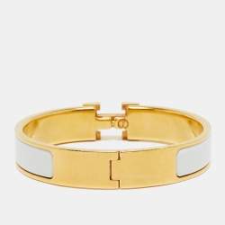Pre Owned Hermès Clic H White Enamel Gold Plated Bracelet