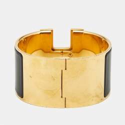 Pre Owned Hermès Clic Clac H Black Enamel Gold Plated Extra Wide Bracelet