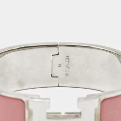 Pre Owned Hermès Clic Clac H Pink Enamel Palladium Plated Wide Bracelet