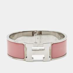 Pre Owned Hermès Clic Clac H Pink Enamel Palladium Plated Wide Bracelet