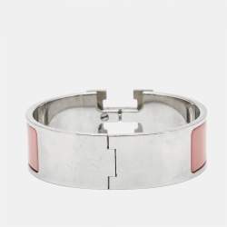 Pre Owned Hermès Clic Clac H Pink Enamel Palladium Plated Wide Bracelet