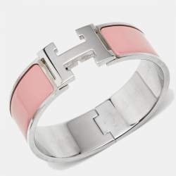 Pre Owned Hermès Clic Clac H Pink Enamel Palladium Plated Wide Bracelet