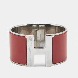 Pre Owned Hermès Clic Clac H Red Enamel Palladium Plated Extra Wide Bracelet