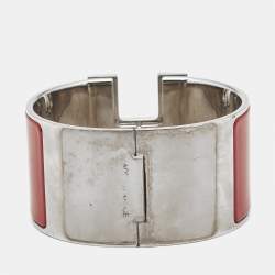 Pre Owned Hermès Clic Clac H Red Enamel Palladium Plated Extra Wide Bracelet