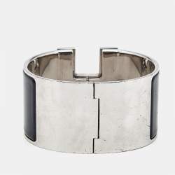 Pre Owned Hermès Clic Clac H Black Enamel Palladium Plated Bracelet