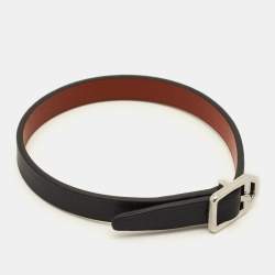 Pre Owned Hermes Paddock Leather Silver Tone Bracelet