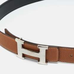 Pre Owned Hermès Noir/Gold Box and Togo Leather H Buckle Reversible Belt 85 CM