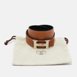 Pre Owned Hermès Noir/Gold Box and Togo Leather H Buckle Reversible Belt 85 CM