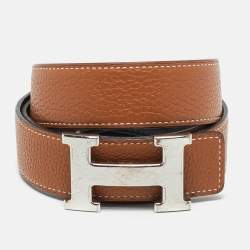 Pre Owned Hermès Noir/Gold Box and Togo Leather H Buckle Reversible Belt 85 CM