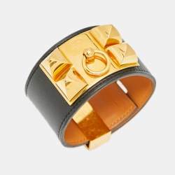 مملوكة مسبقًا سوار هيرمس كولير دي شيان جلد أسود مطلي بالذهب مقاس صغير (سمول)