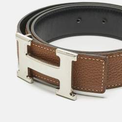 Pre Owned Hermes Gold/Noir Togo and Box Leather H Buckle Reversible Belt 85 CM