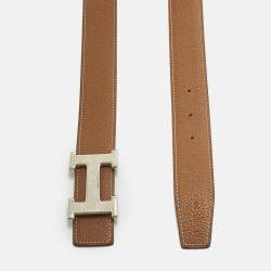 Pre Owned Hermes Gold/Noir Togo and Box Leather H Buckle Reversible Belt 85 CM