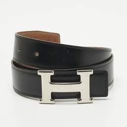 Pre Owned Hermes Gold/Noir Togo and Box Leather H Buckle Reversible Belt 85 CM