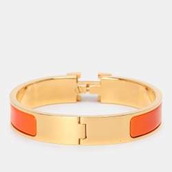 Pre Owned Hermes Clic H Orange Enamel Gold Plated Narrow Bracelet