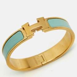 Pre Owned Hermès Clic H Turquoise Enamel Gold Plated Bracelet