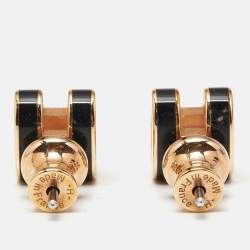 Pre Owned Hermes Mini Pop H Black Lacquered Gold Plated Stud Earring