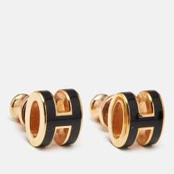 Pre Owned Hermes Mini Pop H Black Lacquered Gold Plated Stud Earring