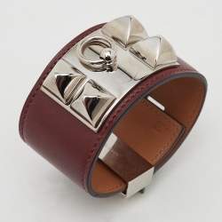 Pre Owned Hermes Collier De Chien Burgundy Leather Palladium Plated Metal Bracelet S