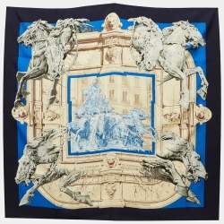 Pre Owned Hermès Navy Blue La Fontaine De Bartholdi Silk Scarf
