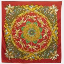 Pre Owned Hermès Vintage Red Printed Silk Luna Park Scarf