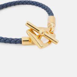 Pre Owned Hermes Etrier Navy Swift Leather Metal Bracelet 